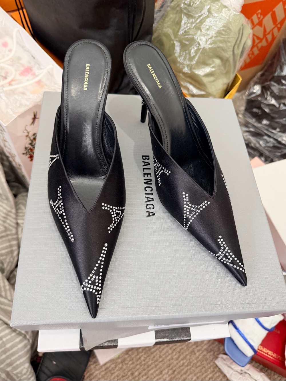 Balenciaga Black EIFFEL TOWER PRINT Crystal-Studded Knife Mules.